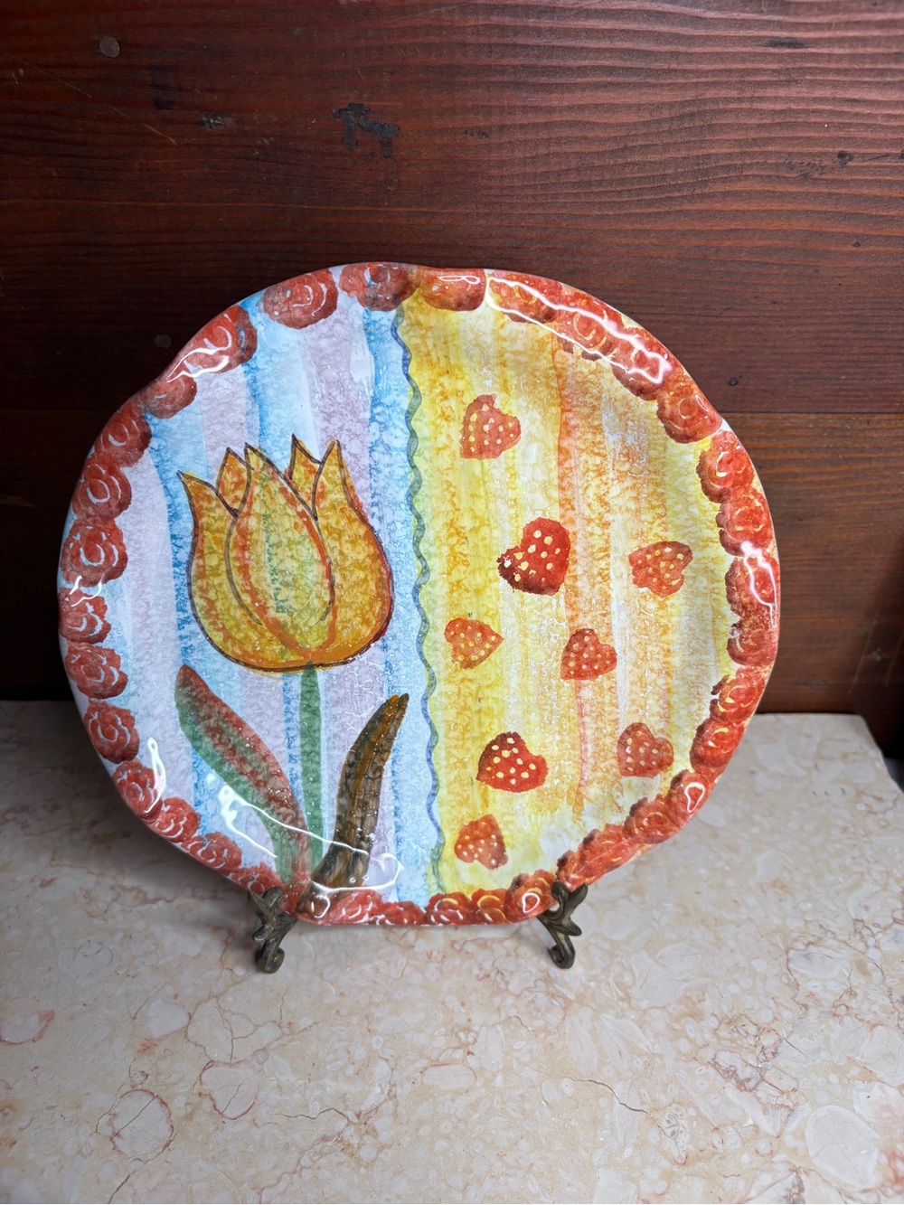Ruffle Edge Tulip & Hearts Hand Painted Made in Italy Decorative 8.5" plate